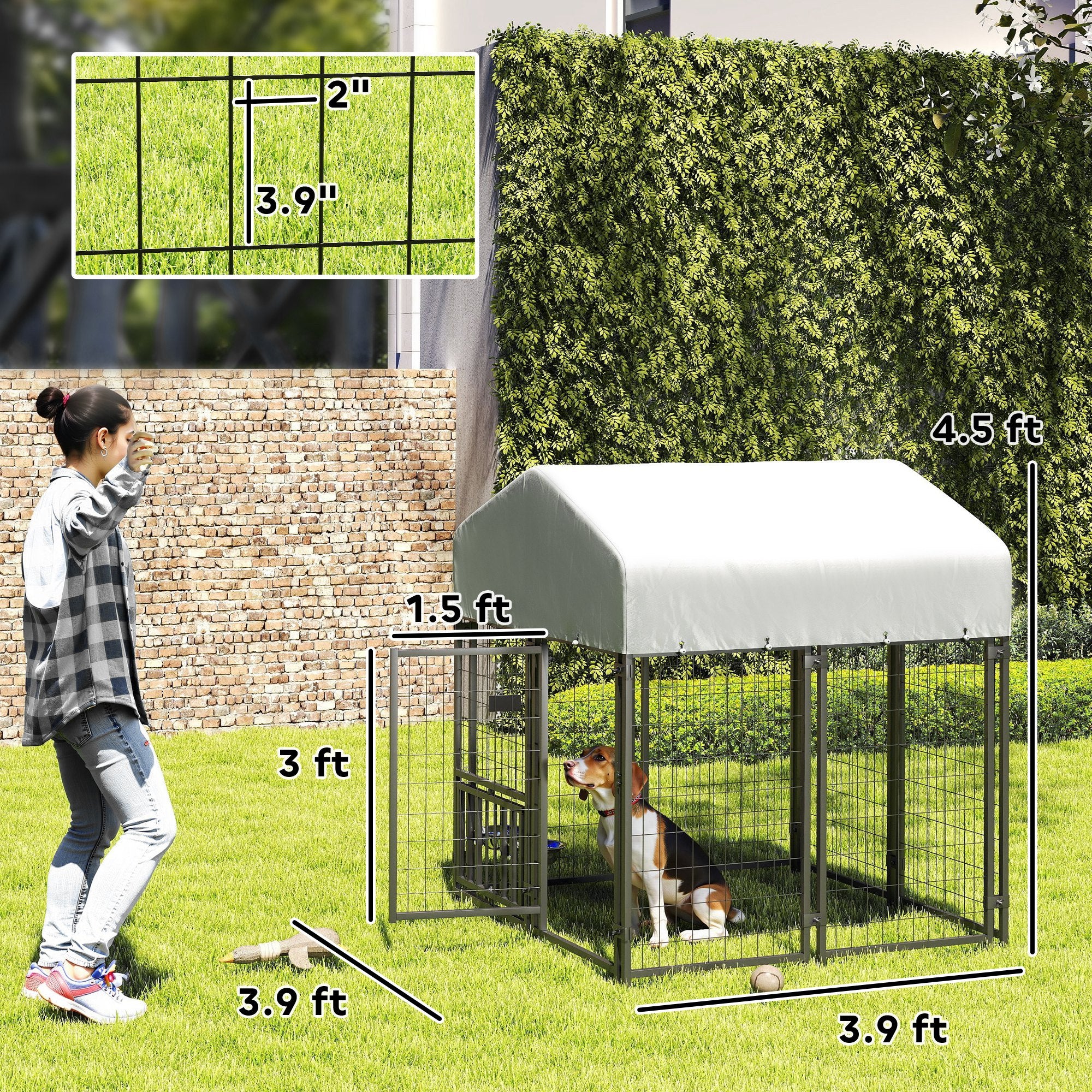 Welded Wire Outdoor Dog Kennel with 360¡ã Rotating & 4 Levels Adjustable Bowls, Waterproof Cover, 3.9' x 3.9' x 4.5'