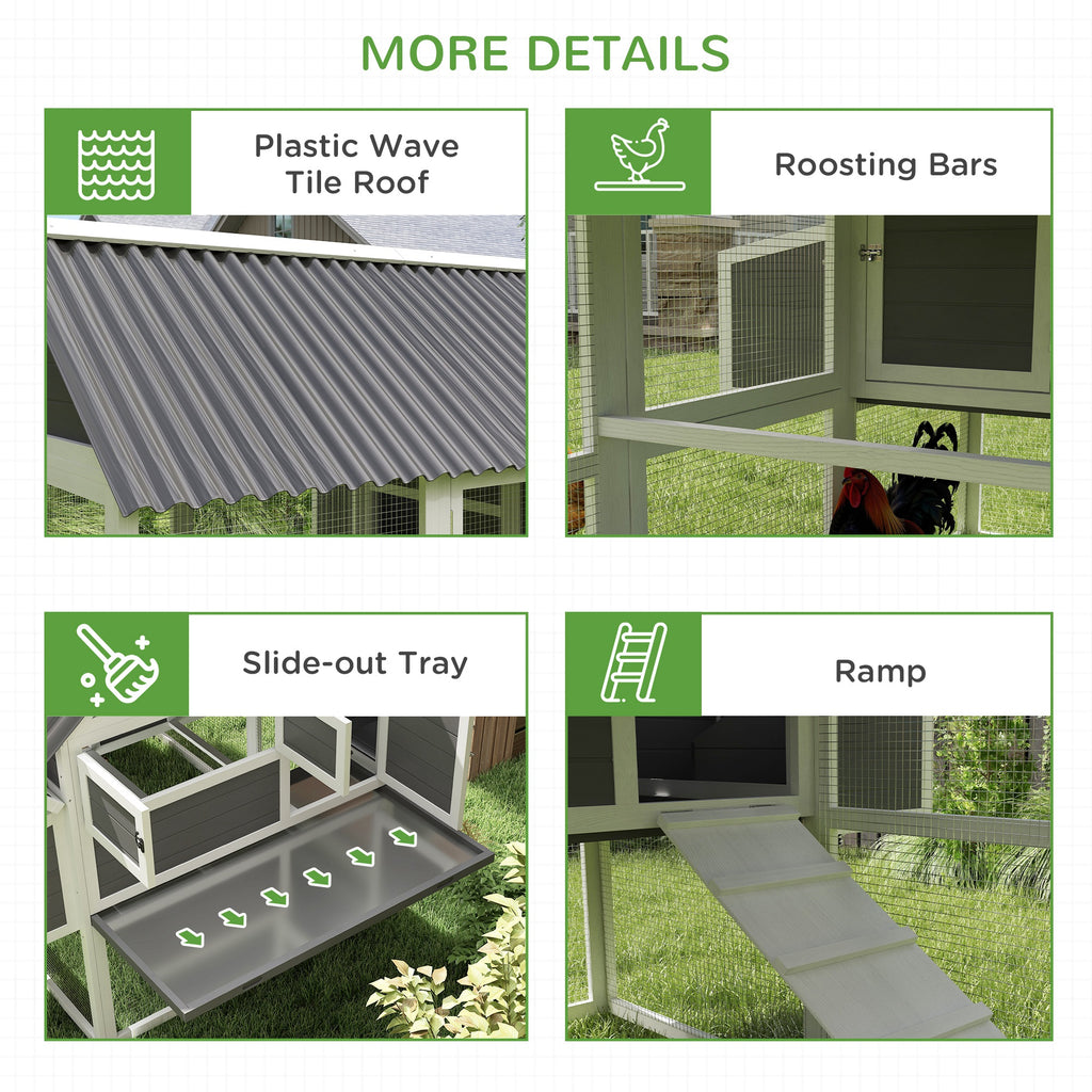 Wooden Chicken Coop with Run, 2 Nesting Boxes, 2 Roosting Bars, Ramp & Tray, Poultry Cage for 6-8 Chickens, Gray