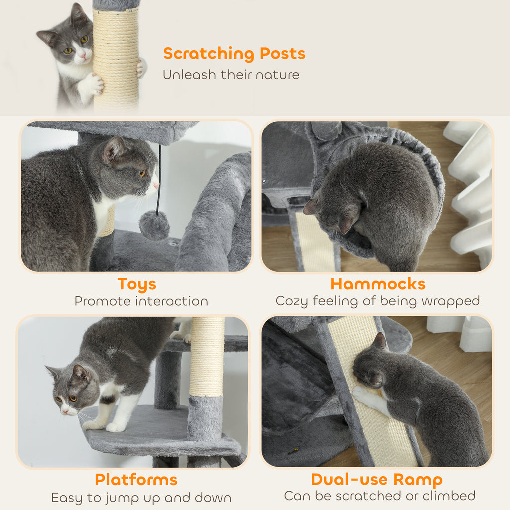 69" Tall Cat Tree for Indoor Cats - Multi-Level Cat Tower with 2 Condos & 3 Hammocks, 8 Sisal Scratching Posts, Dark Gray Furniture for Multiple Cats, Anti-Tip Stable Design