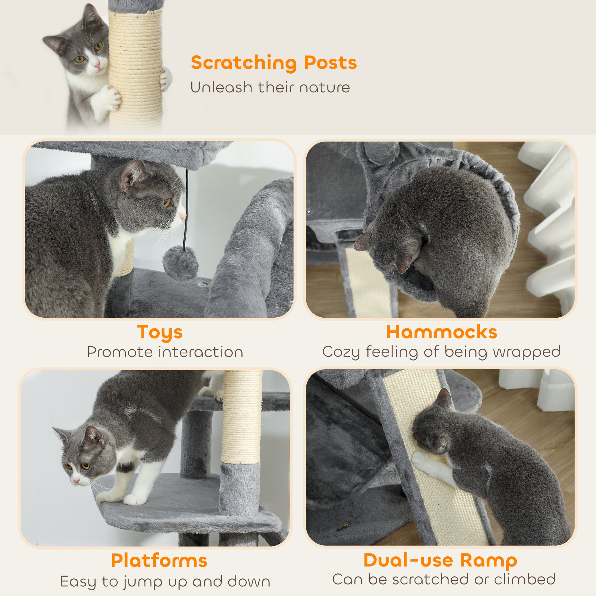 69" Tall Cat Tree for Indoor Cats - Multi-Level Cat Tower with 2 Condos & 3 Hammocks, 8 Sisal Scratching Posts, Dark Gray Furniture for Multiple Cats, Anti-Tip Stable Design