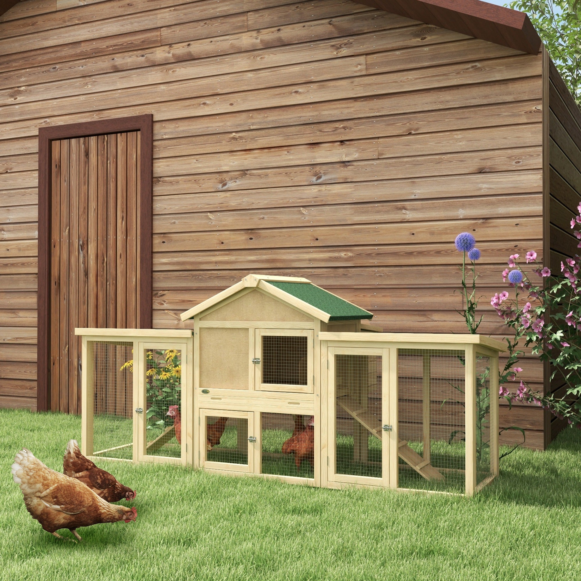 Wooden Chicken Coop ith Nesting Box, Double Runs, Removable Tray, Ramps, for Garden Backyard