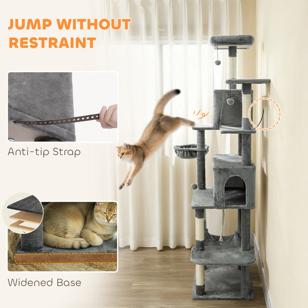 80" Tall Cat Tree for Indoor Cats, Multi-Level Cat Tower with 2 Condos, 2 Hammocks & 6 Sisal Posts, Heavy Duty Activity Center, Dark Gray
