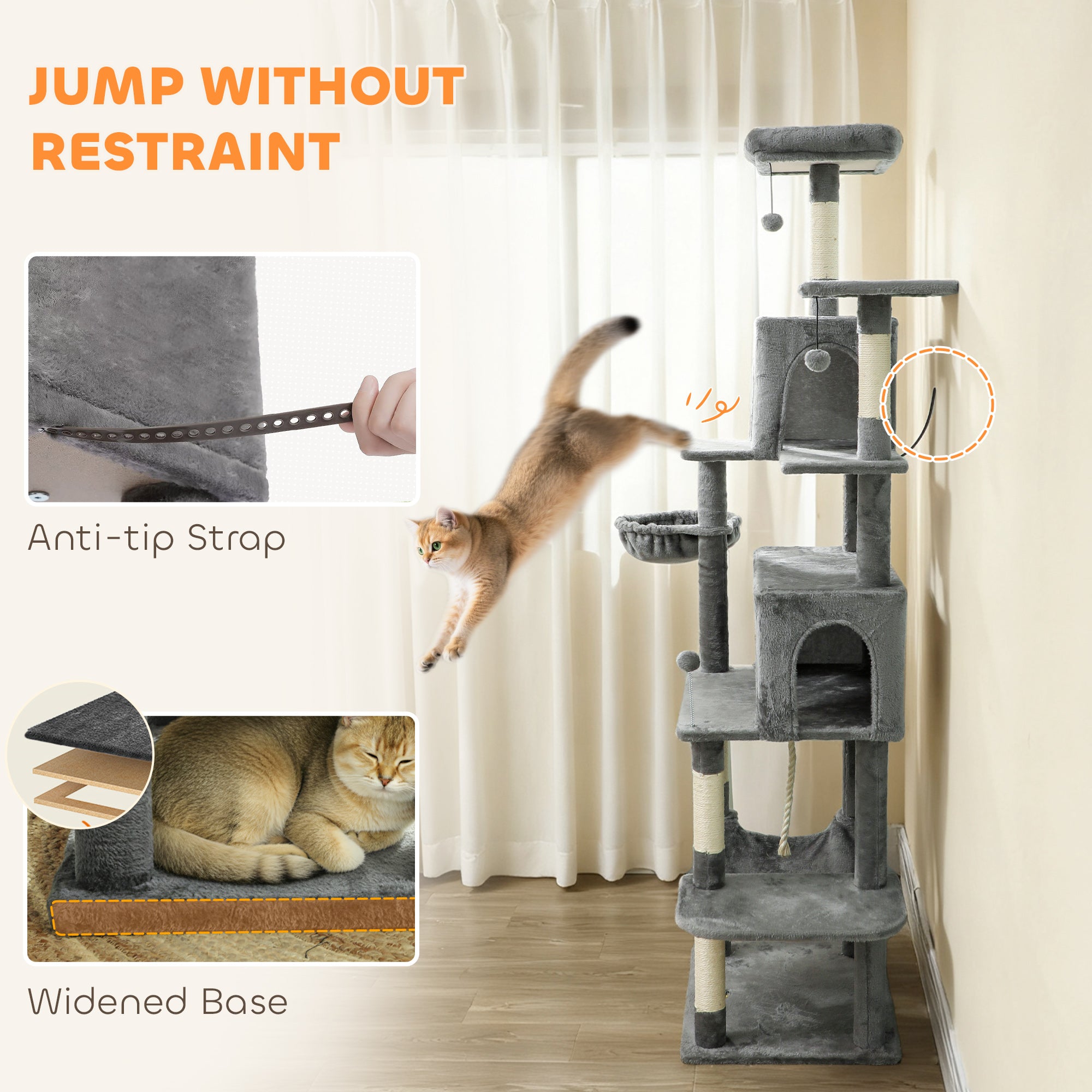 80" Tall Cat Tree for Indoor Cats, Multi-Level Cat Tower with 2 Condos, 2 Hammocks & 6 Sisal Posts, Heavy Duty Activity Center, Dark Gray