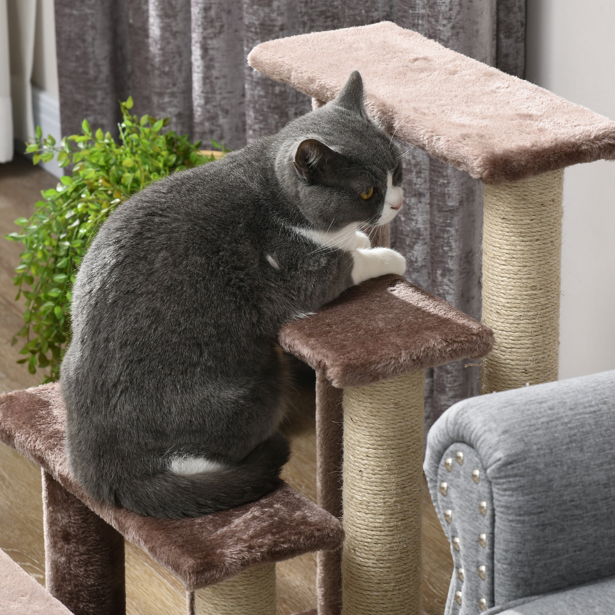 4-Level Cat Steps for High Bed & Sofa - Brown Pet Stairs with Integrated Sisal Scratching Posts, Soft Flannel Platforms & Hanging Toy Ball, Portable Ladder for Senior Cats & Kittens