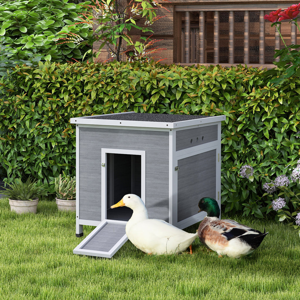 Wooden Duck Coop with Openable Roof, Removable Floor, Double Doors, Ramp, for 2-4 Ducks, Chickens, 25" x 32" x 30"
