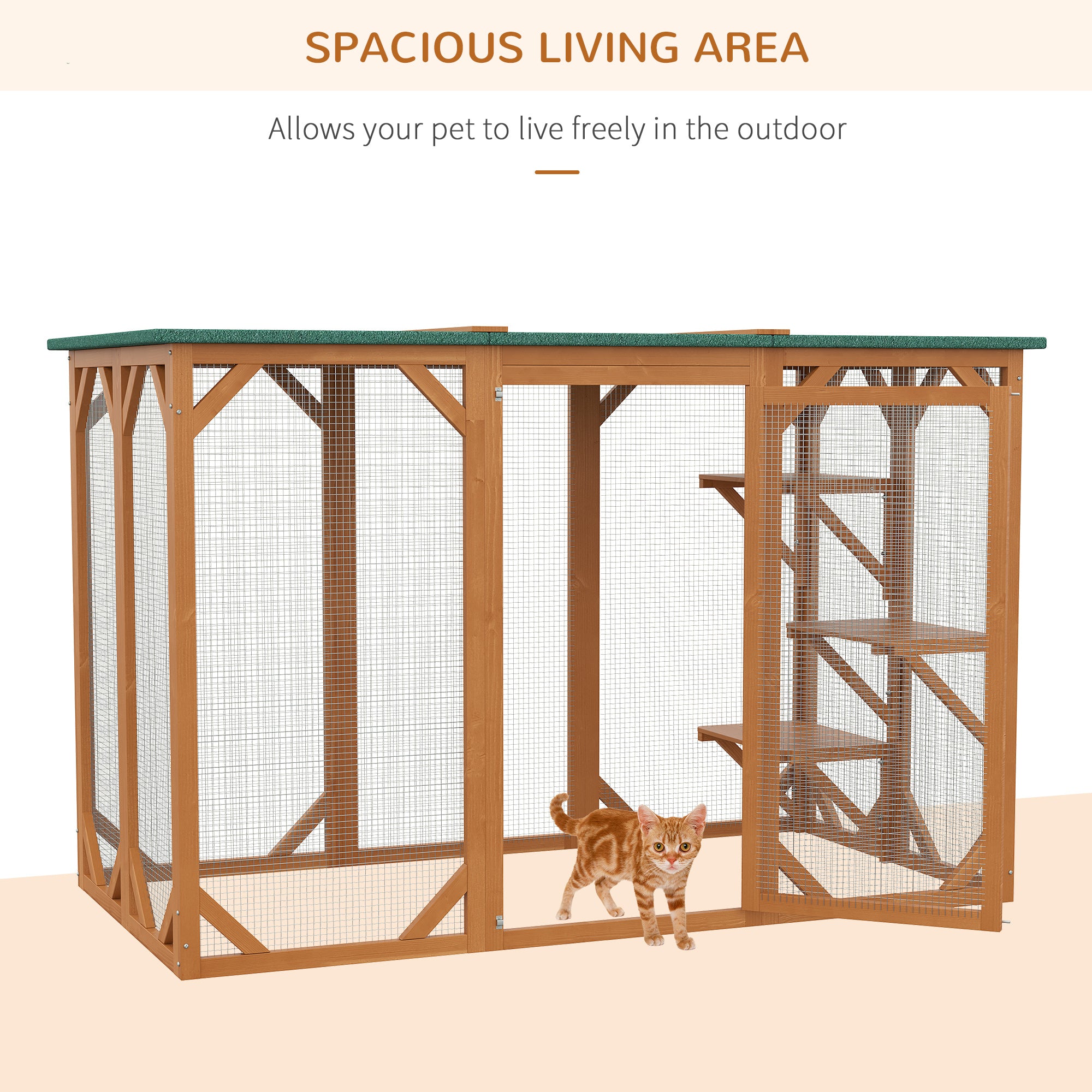 Outdoor Cat House, Catio Wooden Feral Cat Shelter, Cat Cage with Platforms, Large Enter Door, Weather Protection Asphalt Roof, 71" L, Orange