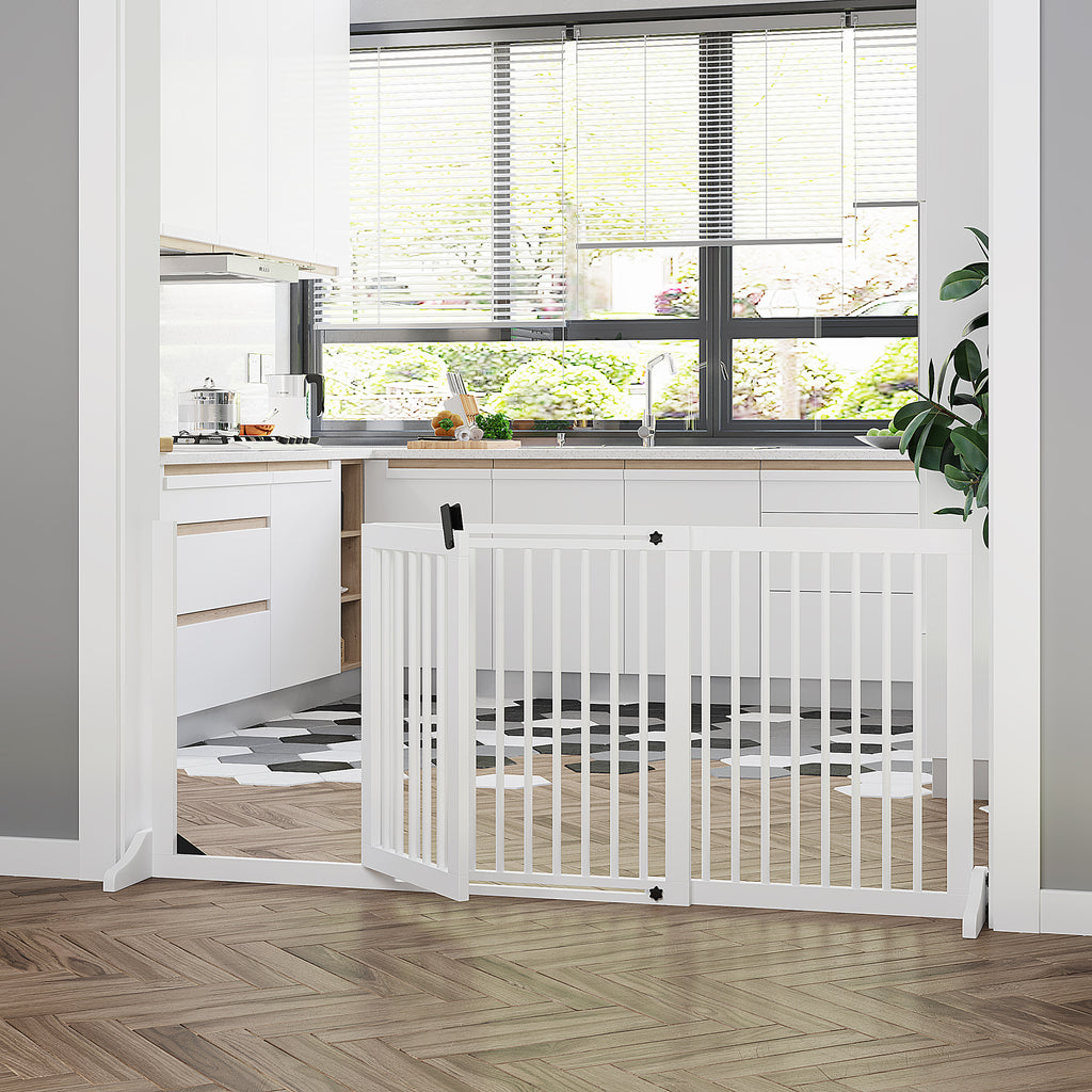 Freestanding Length Adjustable Wooden Pet Gate with Lockable Door 3 Panels, White
