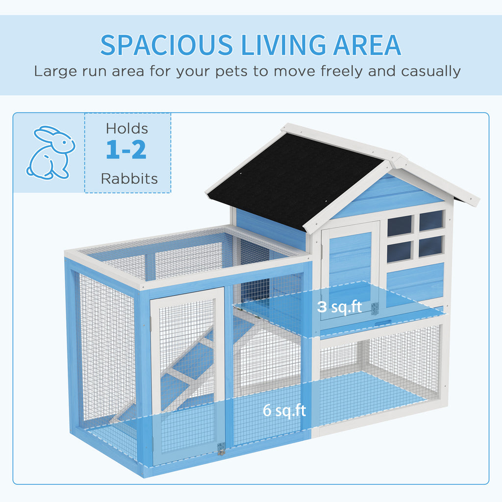 48" Wooden Rabbit Hutch Bunny Cage with Waterproof Asphalt Roof, Fun Outdoor Run, Removable Tray and Ramp, for Rabbits, Chickens, Ducks, Light Blue
