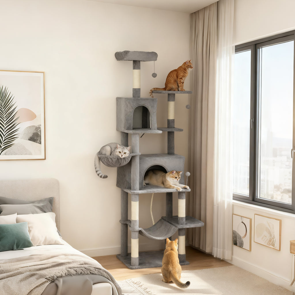 80" Tall Cat Tree for Indoor Cats, Multi-Level Cat Tower with 2 Condos, 2 Hammocks & 6 Sisal Posts, Heavy Duty Activity Center, Dark Gray
