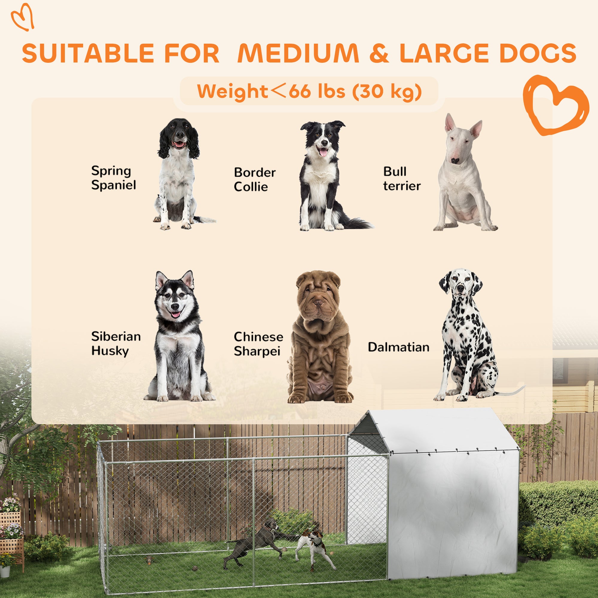 Galvanized Chain Link Large Outdoor Dog Kennel with Waterproof & UV-Resistant Cover, for M&L Dogs, 19.7' x 7.5' x 7.5'