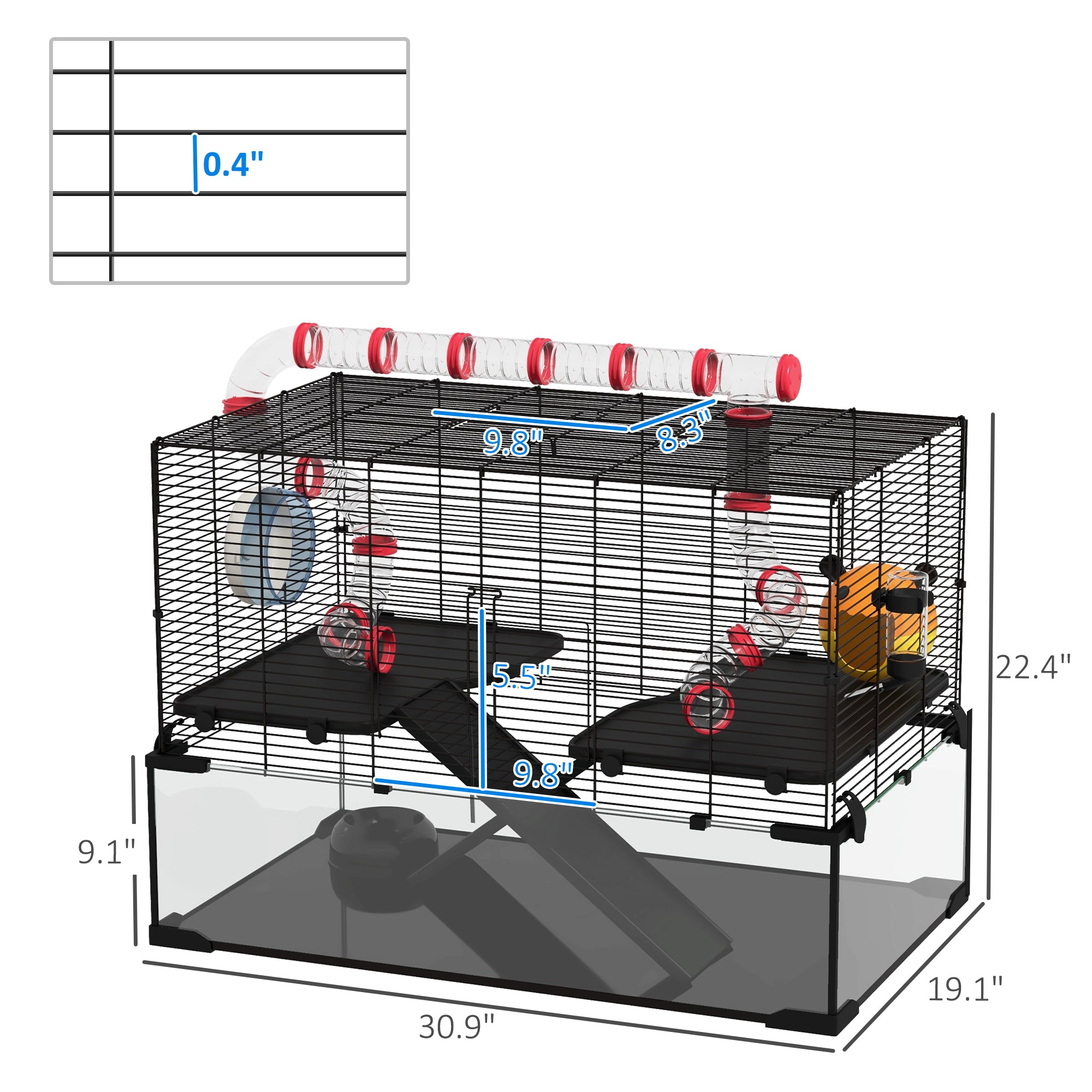 31" Hamster Cage with Tube and Tunnel, Deep Glass Bottom