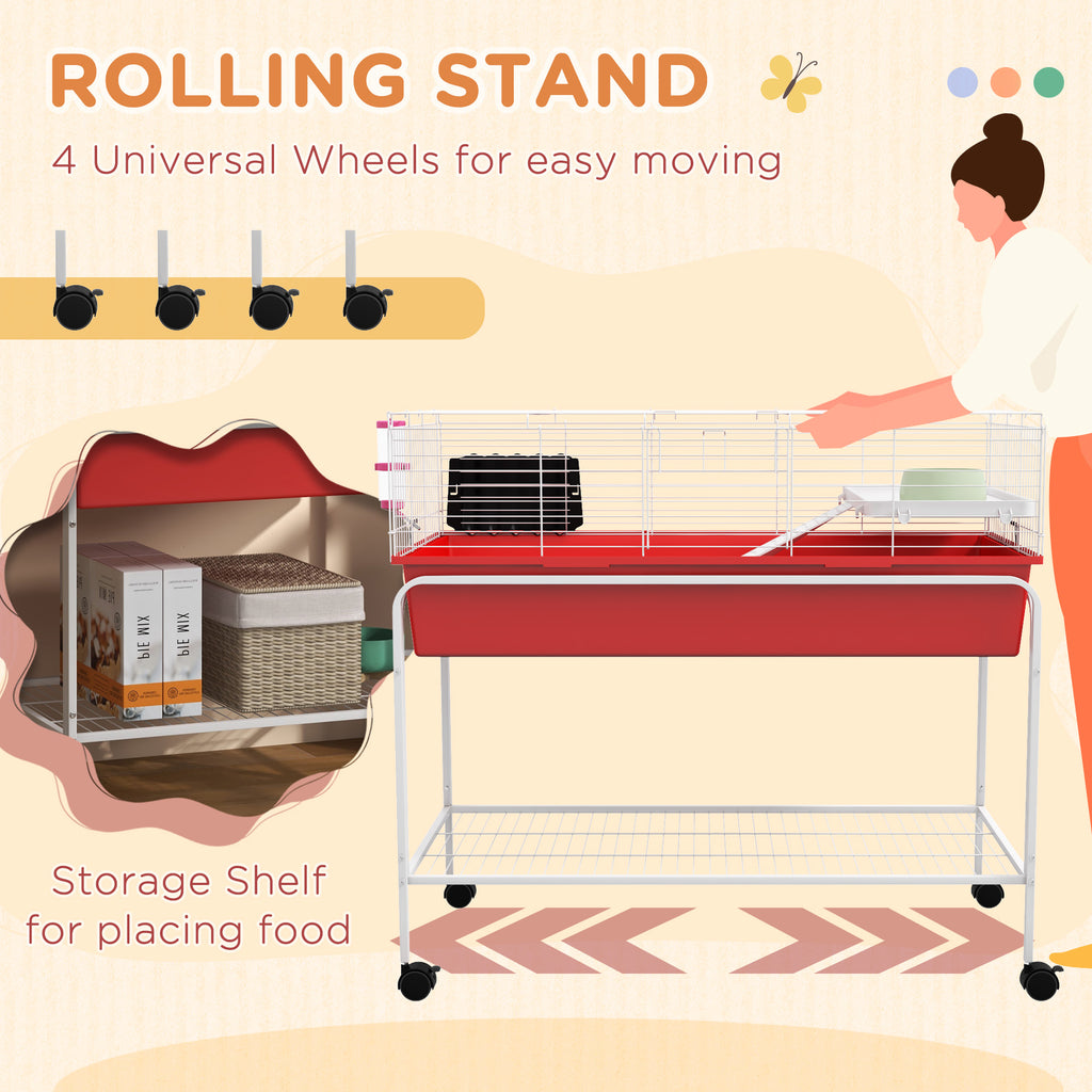 Two-Story Small Animal Cage Removable from Stand, Pet Habitat with Shelf & Wheels, 39" x 20.5" x 36.5", Red