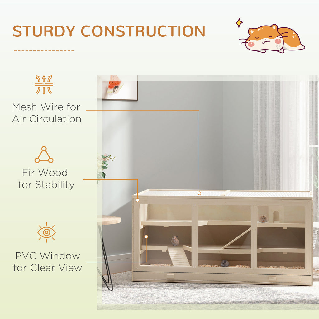 45" Extra Large Wooden Hamster Cage, 3-Layer Rat Cage with Opening Roof, PVC Window, Small Animal Habitat for Gerbil, Dwarf & Syrian Hamsters, Natural