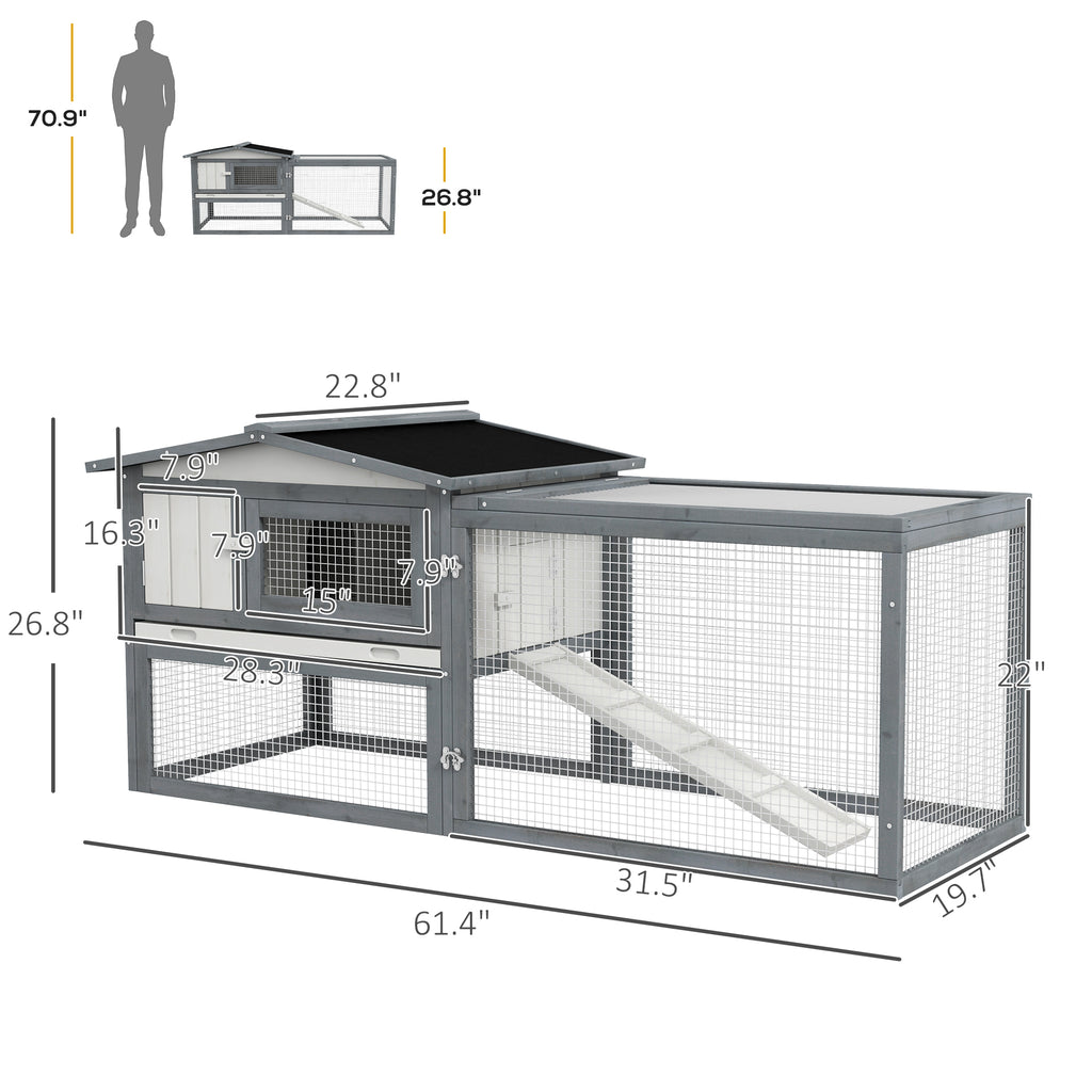 Large Rabbit Cage Outdoor 61"L Guinea Pig Hutch w/ Run Feeding Trough Removable Tray Ramp Asphalt Roof, White
