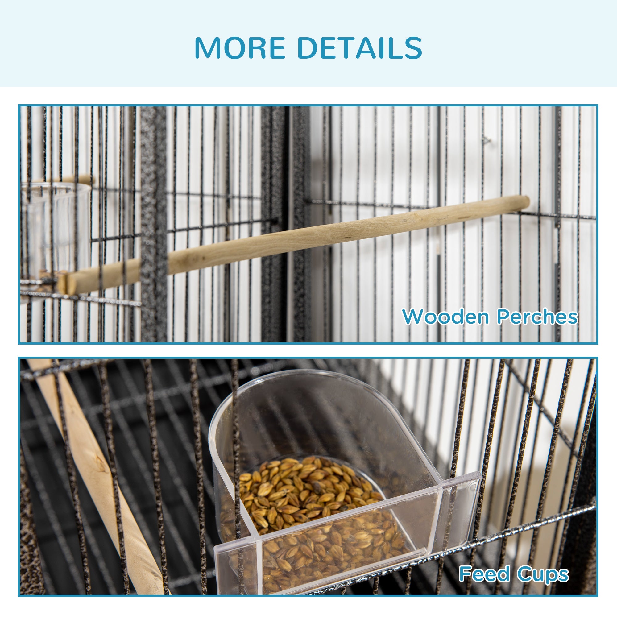 Rolling 65"L Bird Cage w/ Storage Shelf Wood Perch Food Container
