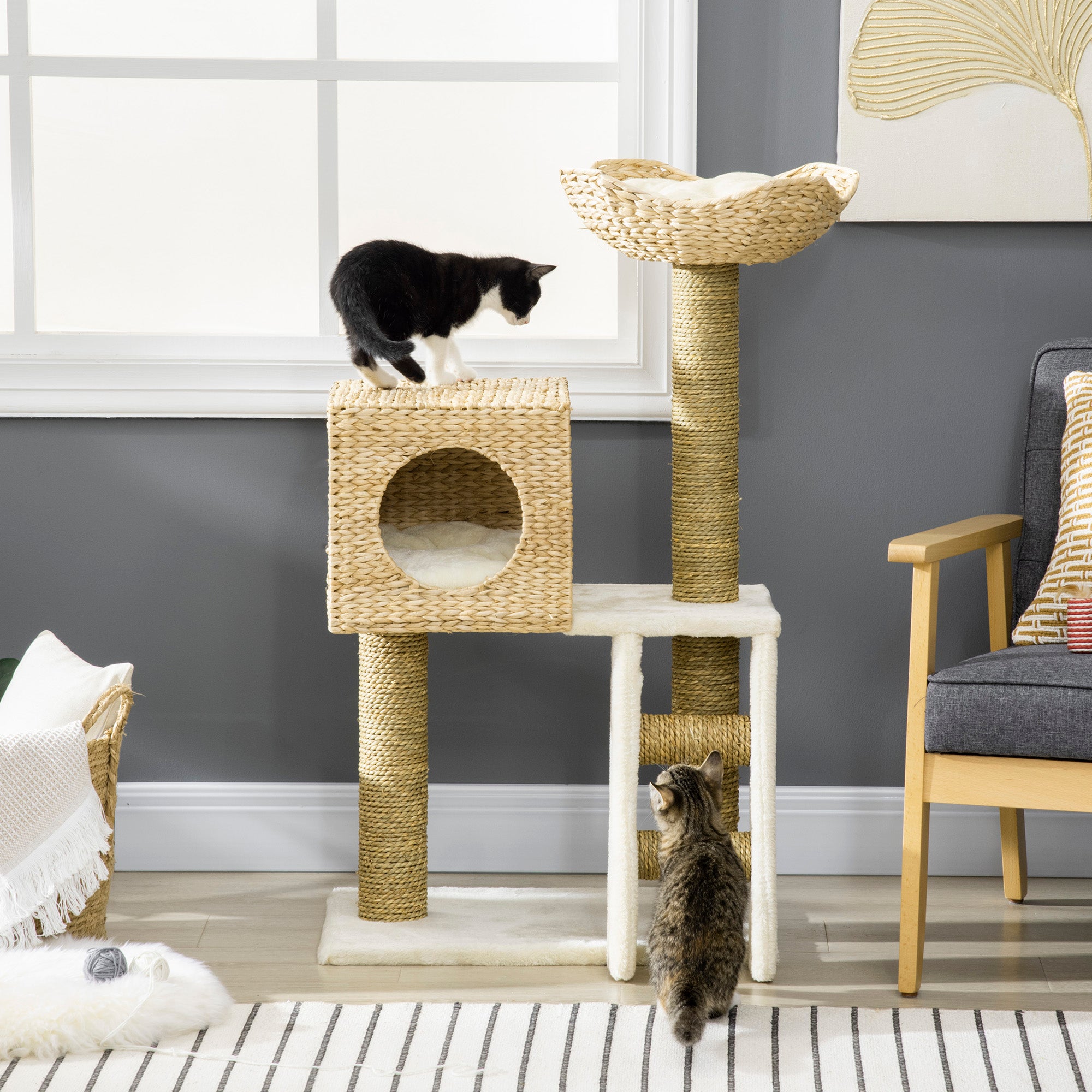 39.5" Natural Cattail Weave Cat Tree - Boho Rattan Cat Tower with Wicker Condo & Bed, 3-Tier Kitty Activity Center with Ladder & Washable Cushions