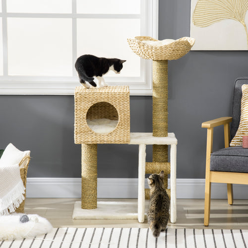 39.5" Natural Cattail Weave Cat Tree - Boho Rattan Cat Tower with Wicker Condo & Bed, 3-Tier Kitty Activity Center with Ladder & Washable Cushions