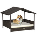 Wicker Dog House Outdoor with Canopy, Rattan Dog Bed with Water-resistant Cushion, Raised Dog Bed for Small, Medium Dogs up to 66 lbs, 19.75" in Length, Brown Wicker, White Cushion