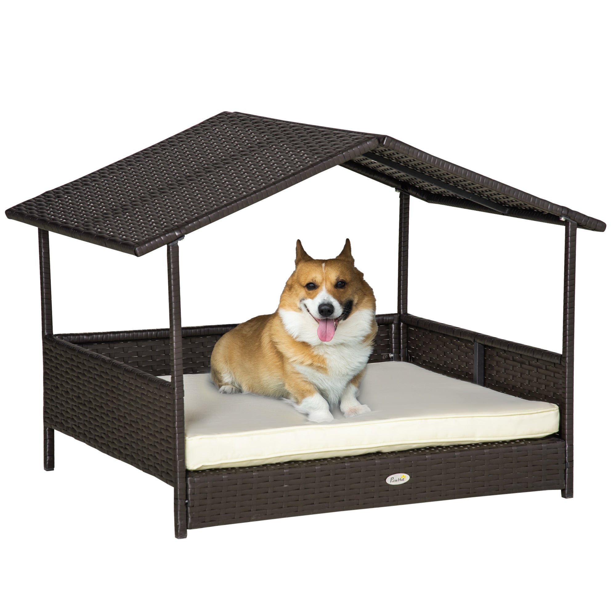 Wicker Dog House Outdoor with Canopy, Rattan Dog Bed with Water-resistant Cushion, Raised Dog Bed for Small, Medium Dogs up to 66 lbs, 19.75" in Length, Brown Wicker, White Cushion