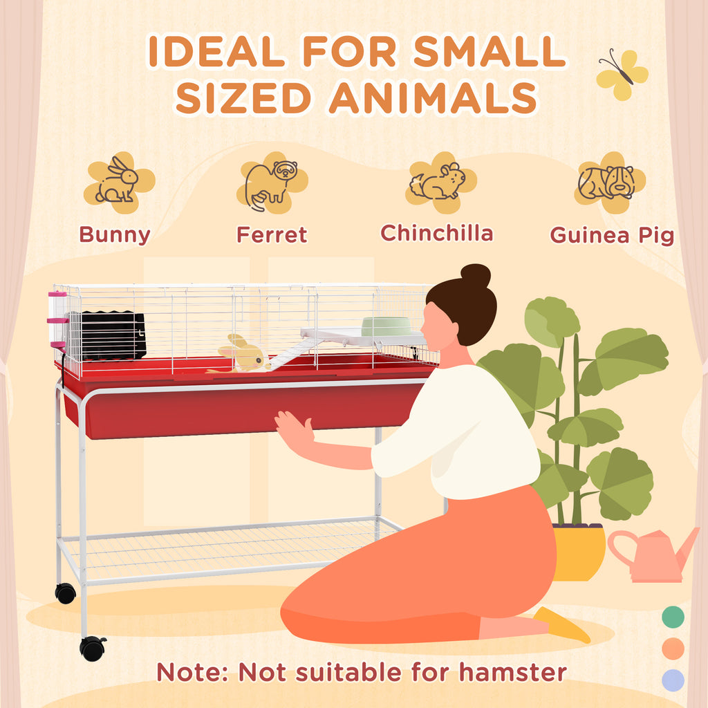 Two-Story Small Animal Cage Removable from Stand, Pet Habitat with Shelf & Wheels, 39" x 20.5" x 36.5", Red