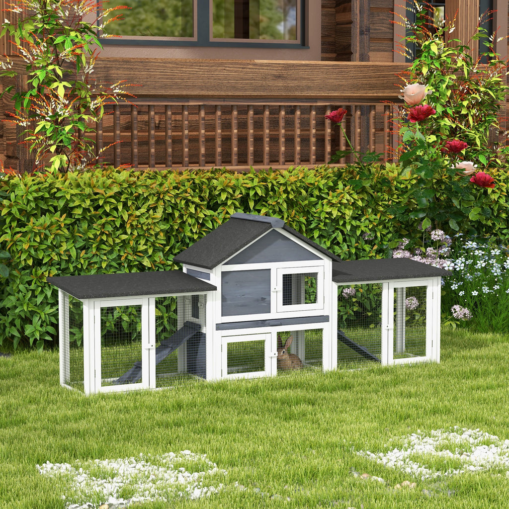 Outdoor Rabbit House 83" 2 Story Deluxe XL Wooden Rabbit Hutch, Big Bunny Cage w/ Ladder and Run, Dark Gray