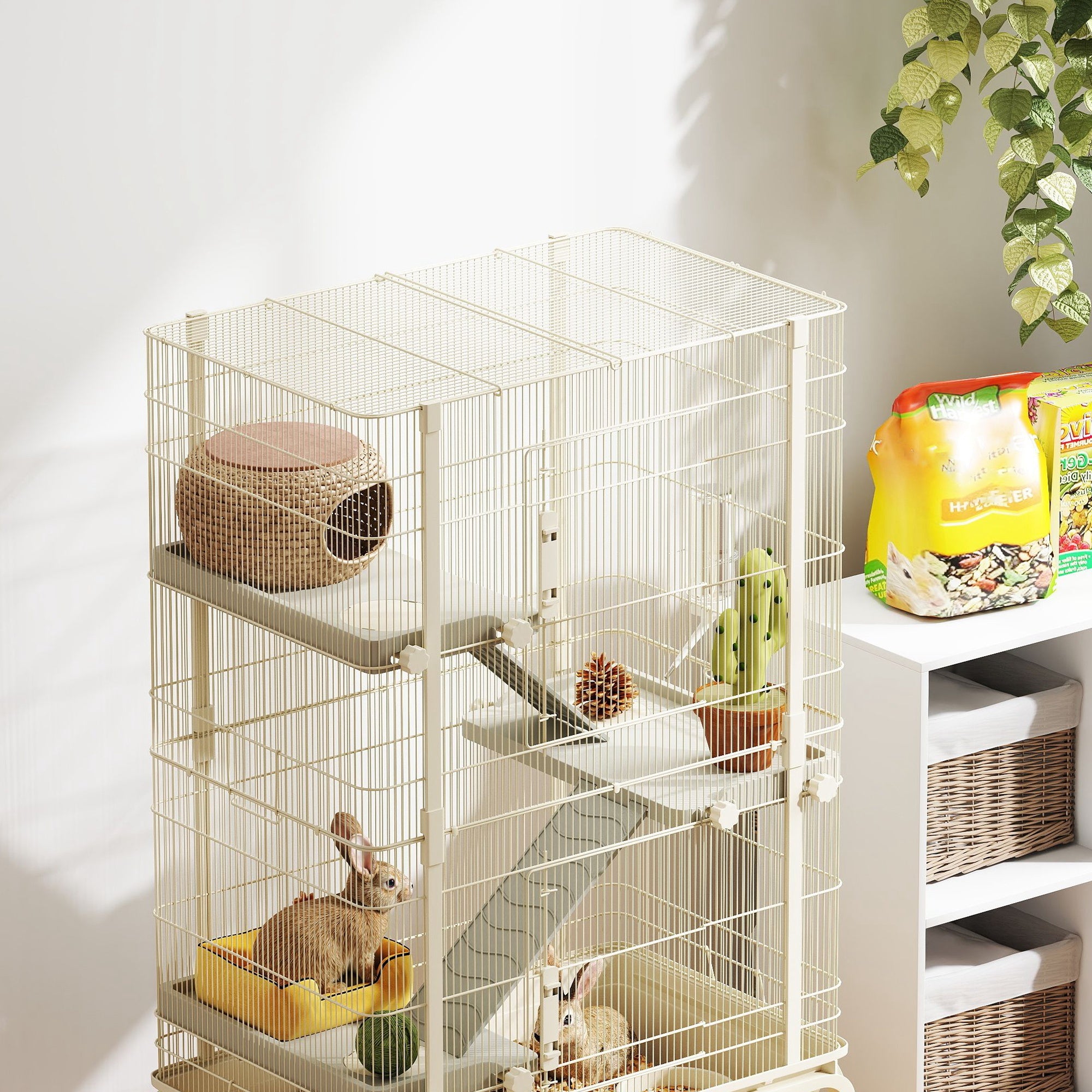 47" Small Animal Cage, 4 Levels Large Rolling Metal Ferret Cage w/ 5.9" Deep Tray, Ramps, Water Bottle, Food Dish, Beige