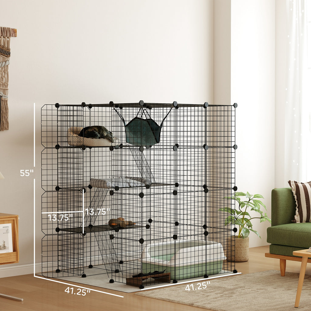 DIY 4 Tier Cat Cage Indoor with Hammock, Ramps, Jumping Platforms, Doors, Cat Enclosure for 1-3 Cats, 3 x 3 x 4, Black