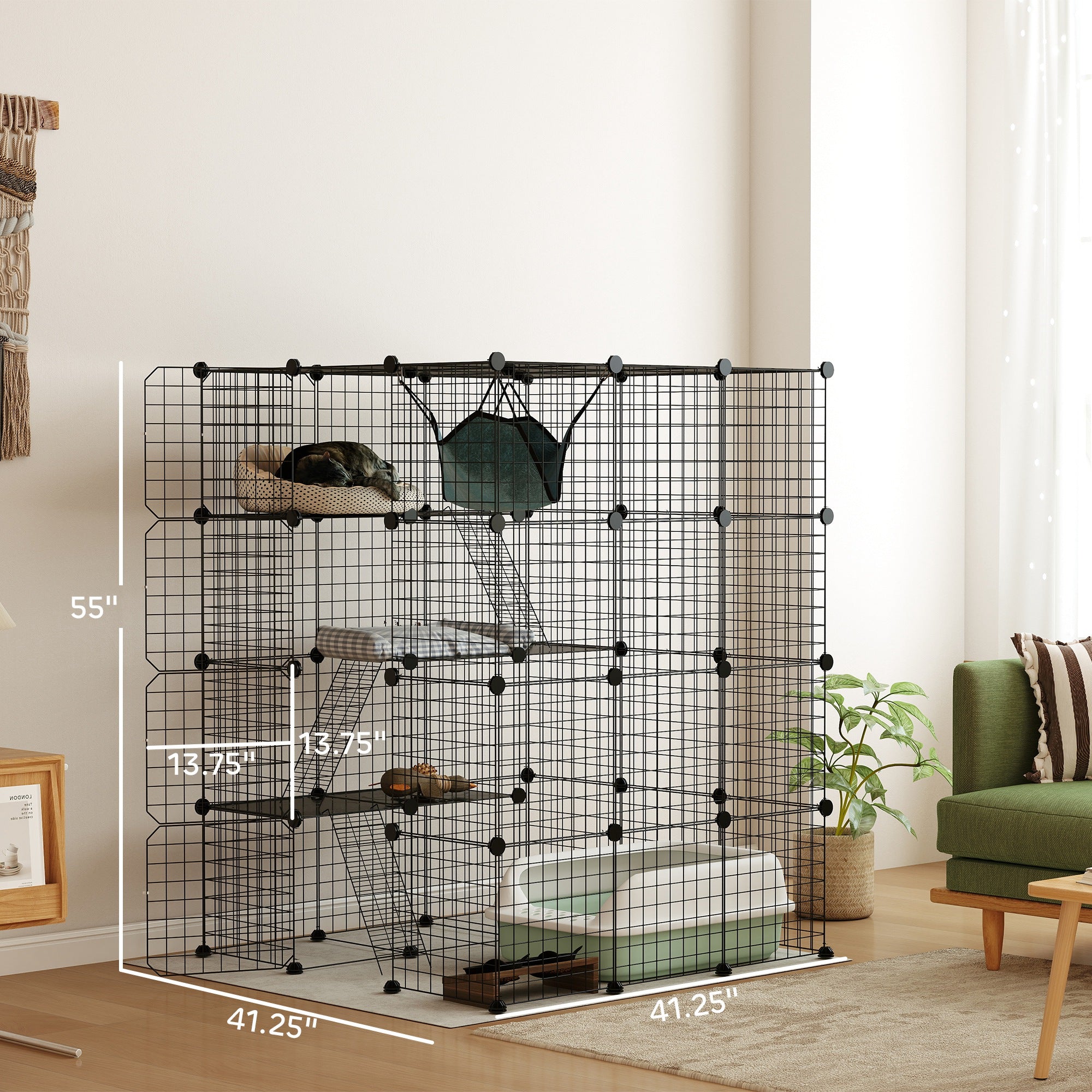 DIY 4 Tier Cat Cage Indoor with Hammock, Ramps, Jumping Platforms, Doors, Cat Enclosure for 1-3 Cats, 3 x 3 x 4, Black