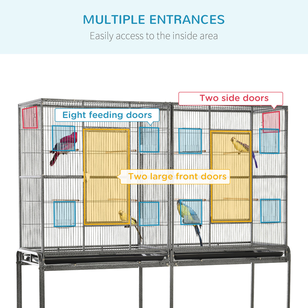 Rolling 65"L Bird Cage w/ Storage Shelf Wood Perch Food Container