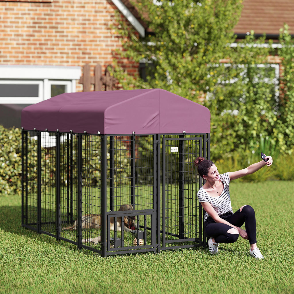 Welded Wire Outdoor Dog Kennel with 360¡ã Rotating & 4 Levels Adjustable Bowls, Waterproof Cover, 7.9' x 4' x 6'