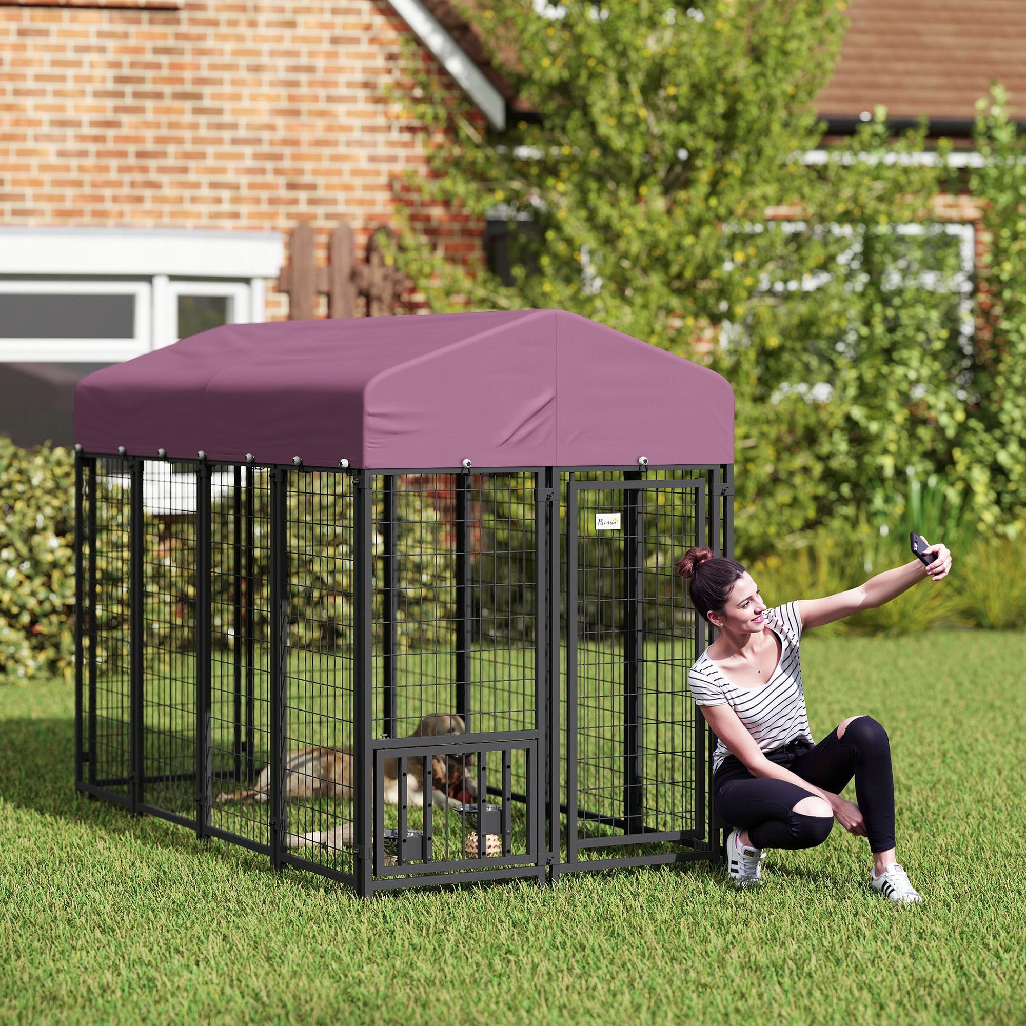 Welded Wire Outdoor Dog Kennel with 360¡ã Rotating & 4 Levels Adjustable Bowls, Waterproof Cover, 7.9' x 4' x 6'