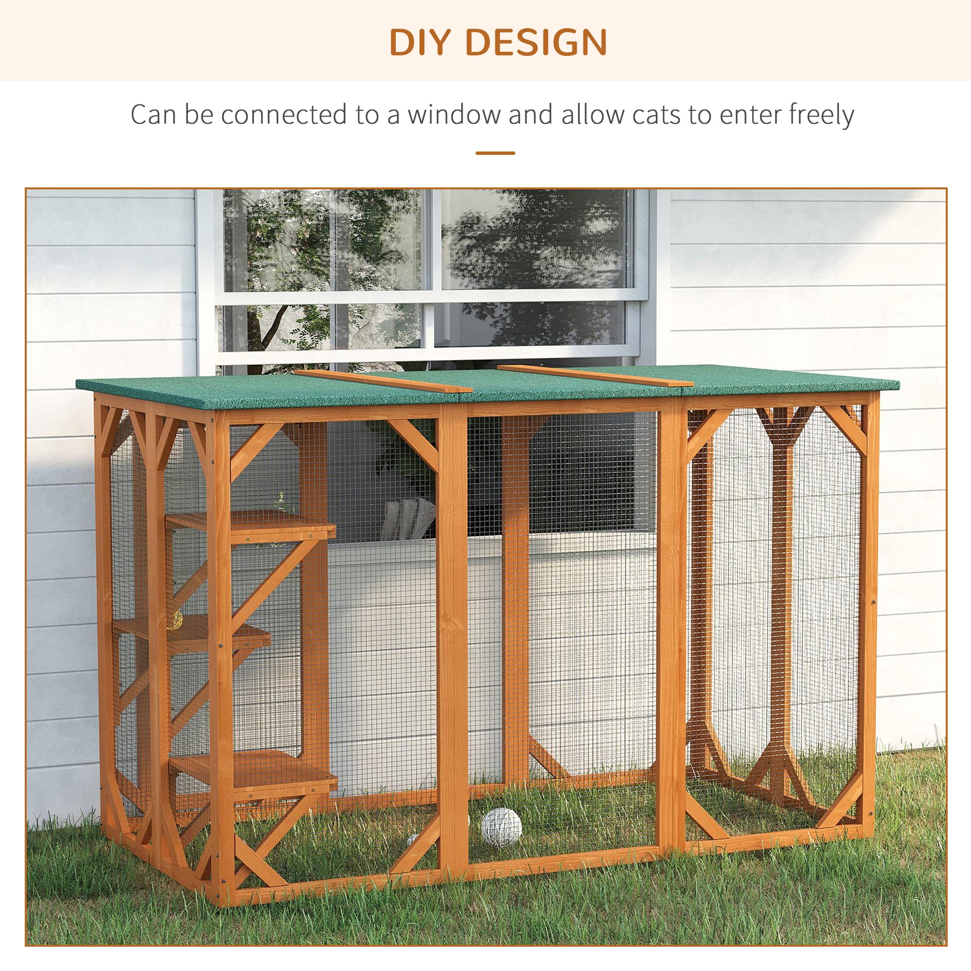 Outdoor Cat House, Catio Wooden Feral Cat Shelter, Cat Cage with Platforms, Large Enter Door, Weather Protection Asphalt Roof, 71" L, Orange