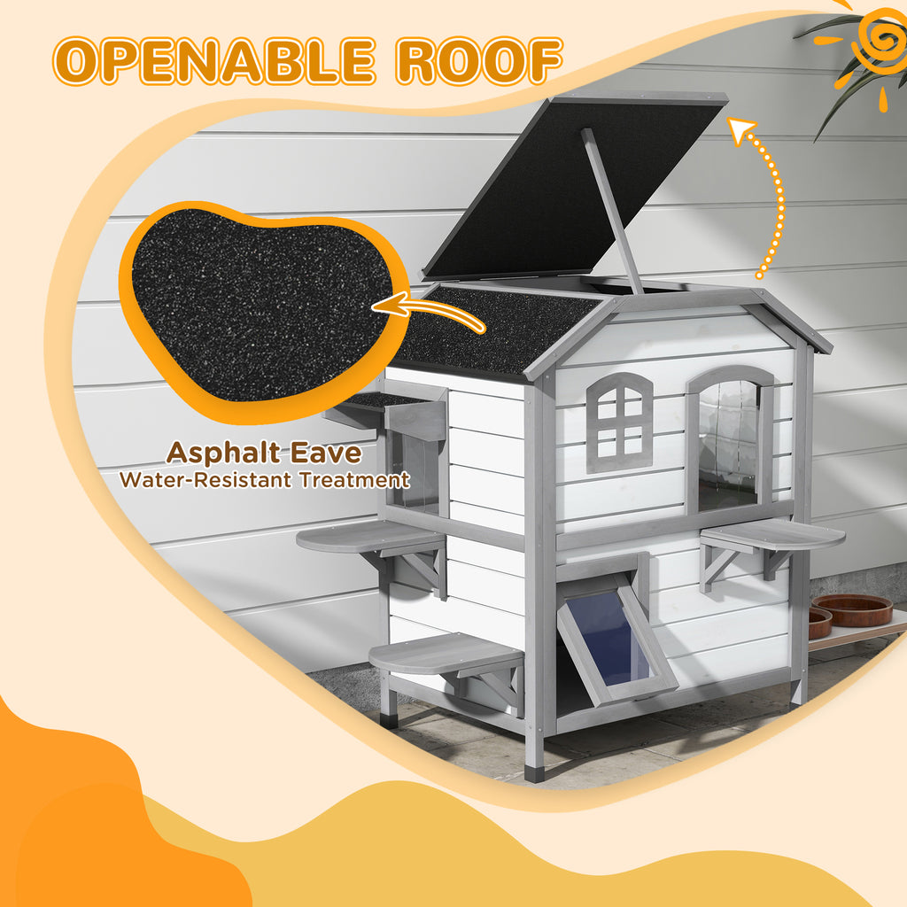?2-story Cat House Outdoor, Weatherproof?Wooden Cat Enclosure for Feral Cats with Escape Door, Openable Roof, Jumping Platforms, White
