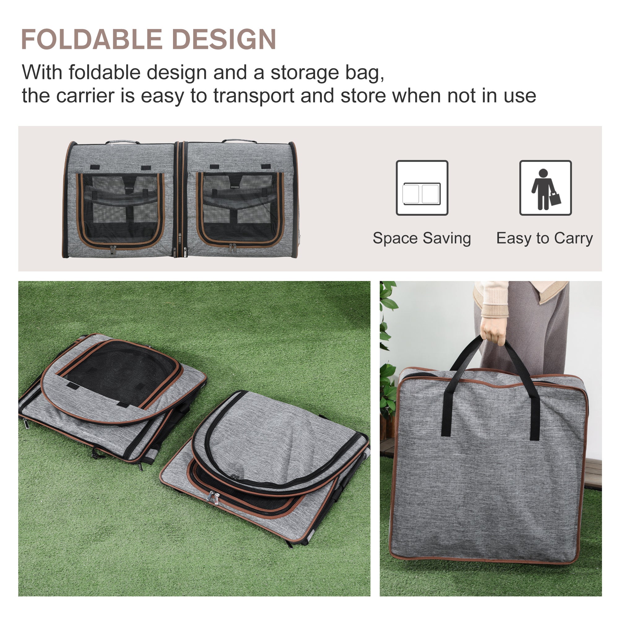 39" Portable Soft-Sided Cat Carrier, Cat Kennel, Travel Dog Crate with Divider, Two Compartments, Soft Cushions & Storage Bag, Easy to Fold, Light Gray