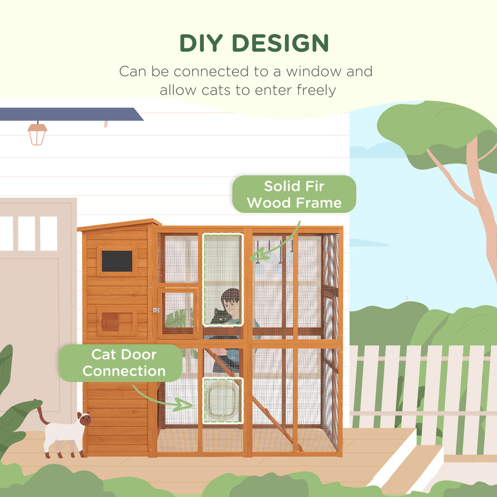 Wooden Outdoor Catio with Platforms, Asphalt Roof, Ramps, Natural