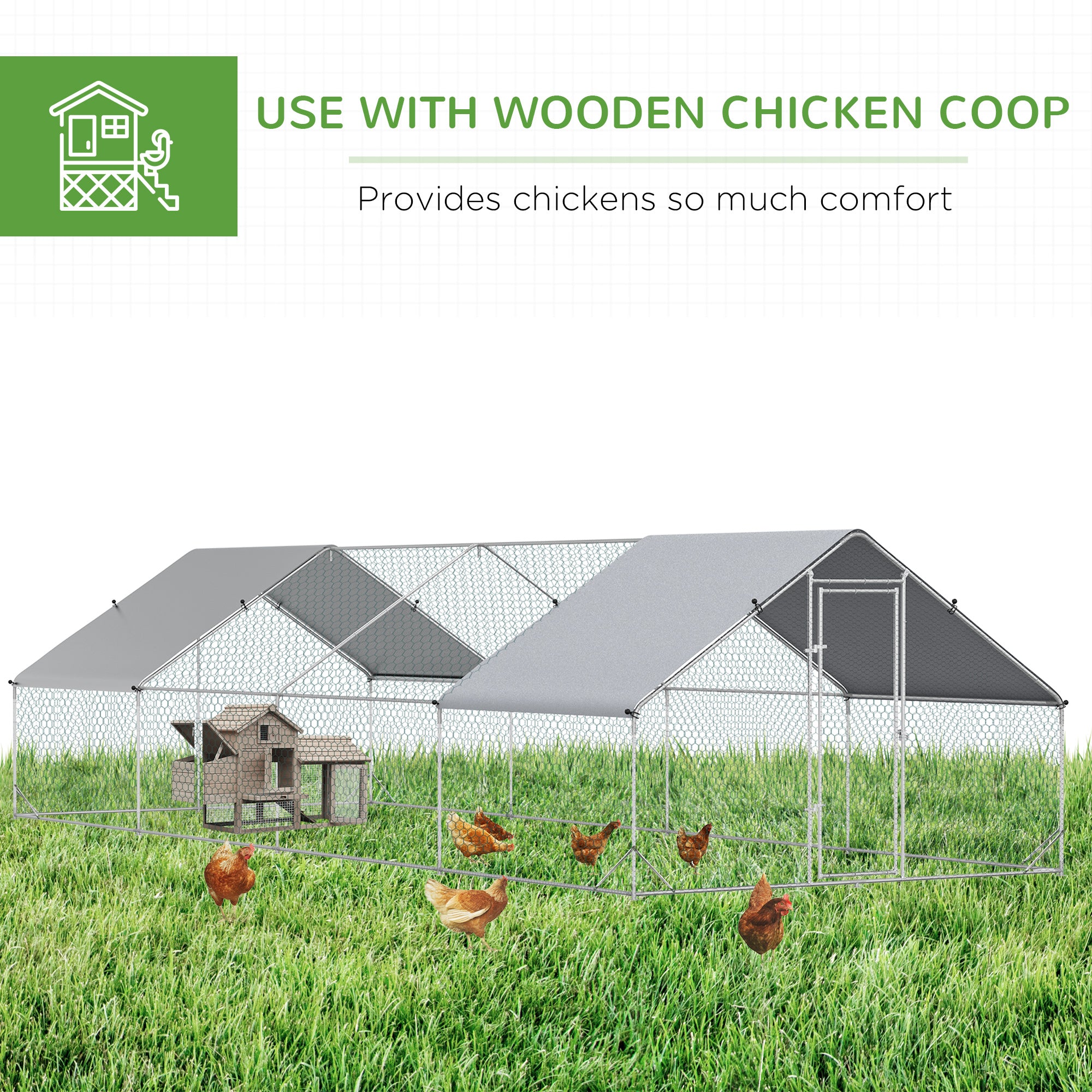 Metal Chicken Run 9.8' x 26.2' x 6.6' with Waterproof and Anti-UV Cover for Outdoor and Yard Farm Use