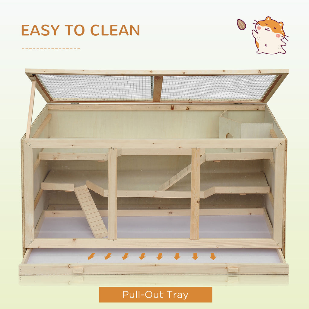 45" Extra Large Wooden Hamster Cage, 3-Layer Rat Cage with Opening Roof, PVC Window, Small Animal Habitat for Gerbil, Dwarf & Syrian Hamsters, Natural