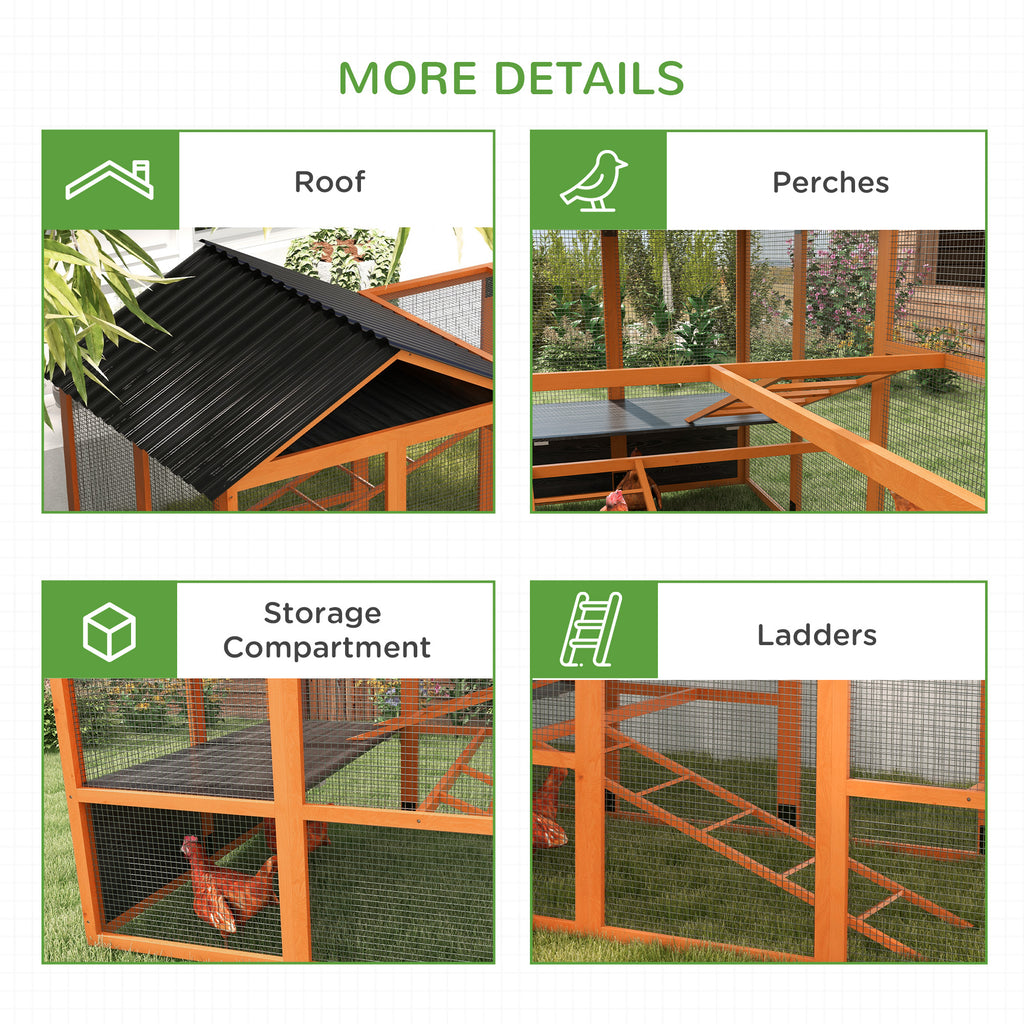 Wooden Chicken Coop Run for 6 - 10 Chickens, Hen House Add-On with Storage, Perches, 141.75" x 48" x 61", Orange