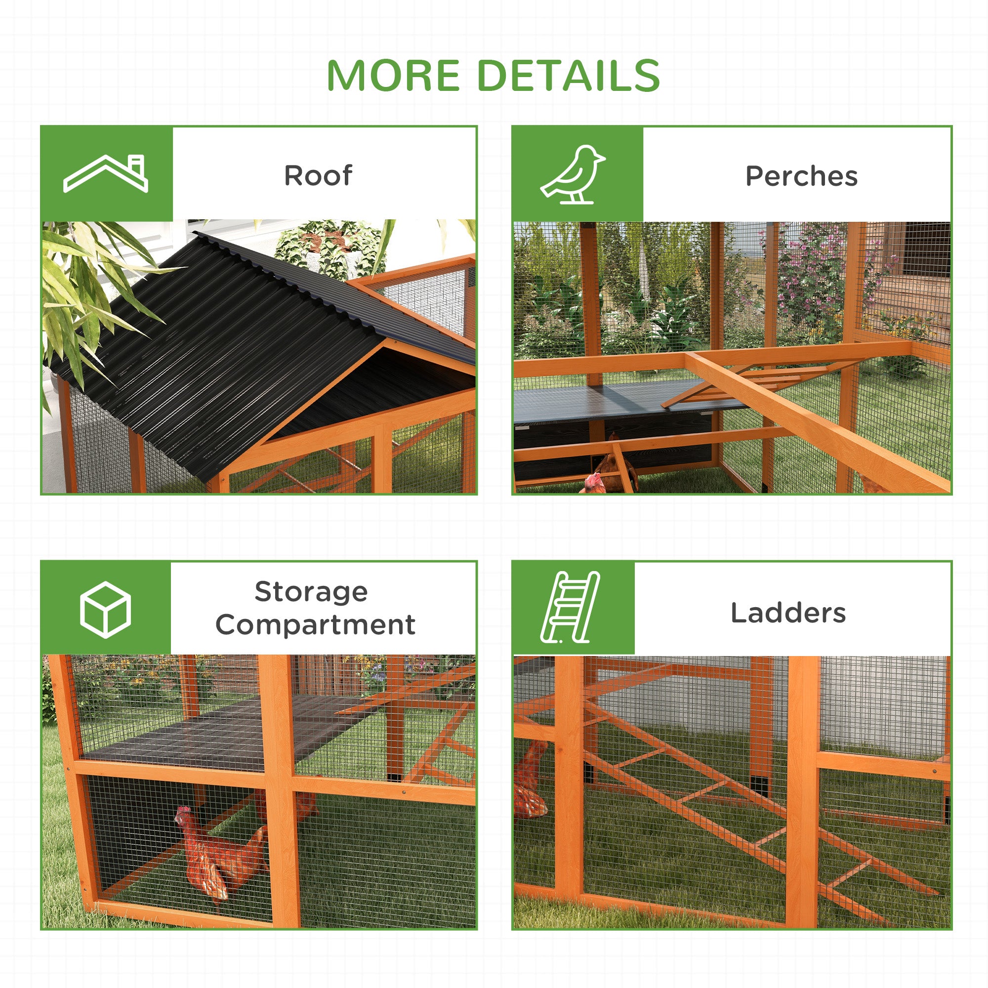 Wooden Chicken Coop Run for 6 - 10 Chickens, Hen House Add-On with Storage, Perches, 141.75" x 48" x 61", Orange