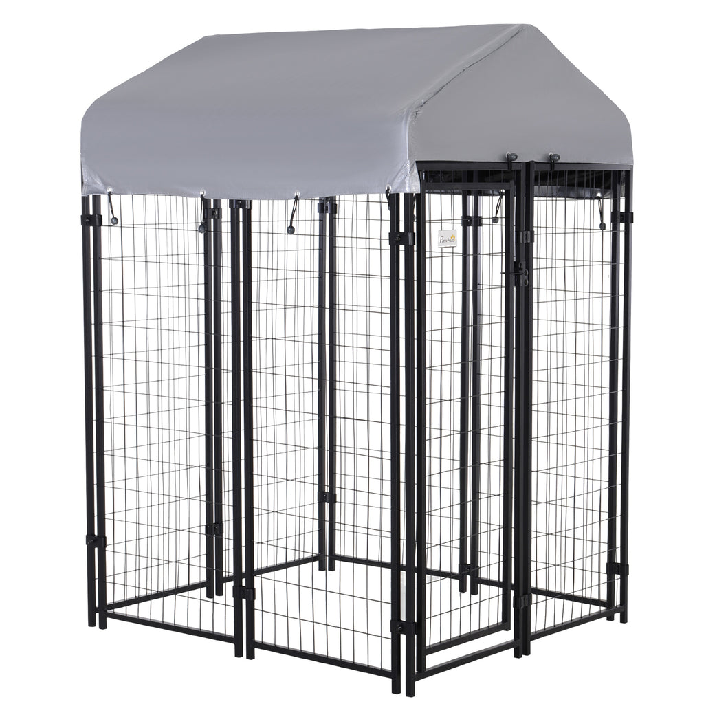 Outdoor Dog Kennel with Roof, 4' x 4' x 6' Heavy Duty Welded Wire Dog Playpen Enclosure with Escape-proof Lock, UV-Resistant & Waterproof Cover, for Medium Dogs, Chickens, Ducks, Silver