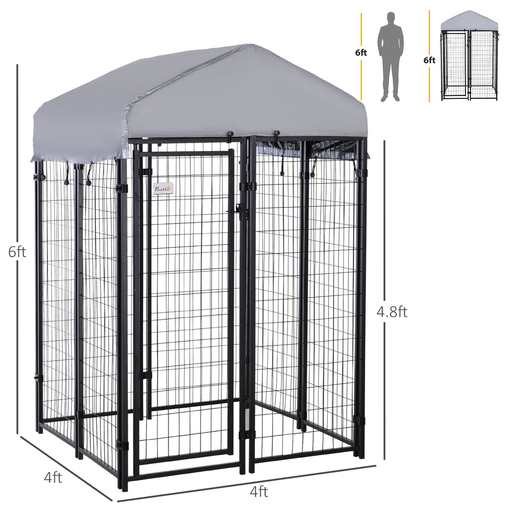Outdoor Dog Kennel with Roof, 4' x 4' x 6' Heavy Duty Welded Wire Dog Playpen Enclosure with Escape-proof Lock, UV-Resistant & Waterproof Cover, for Medium Dogs, Chickens, Ducks, Silver