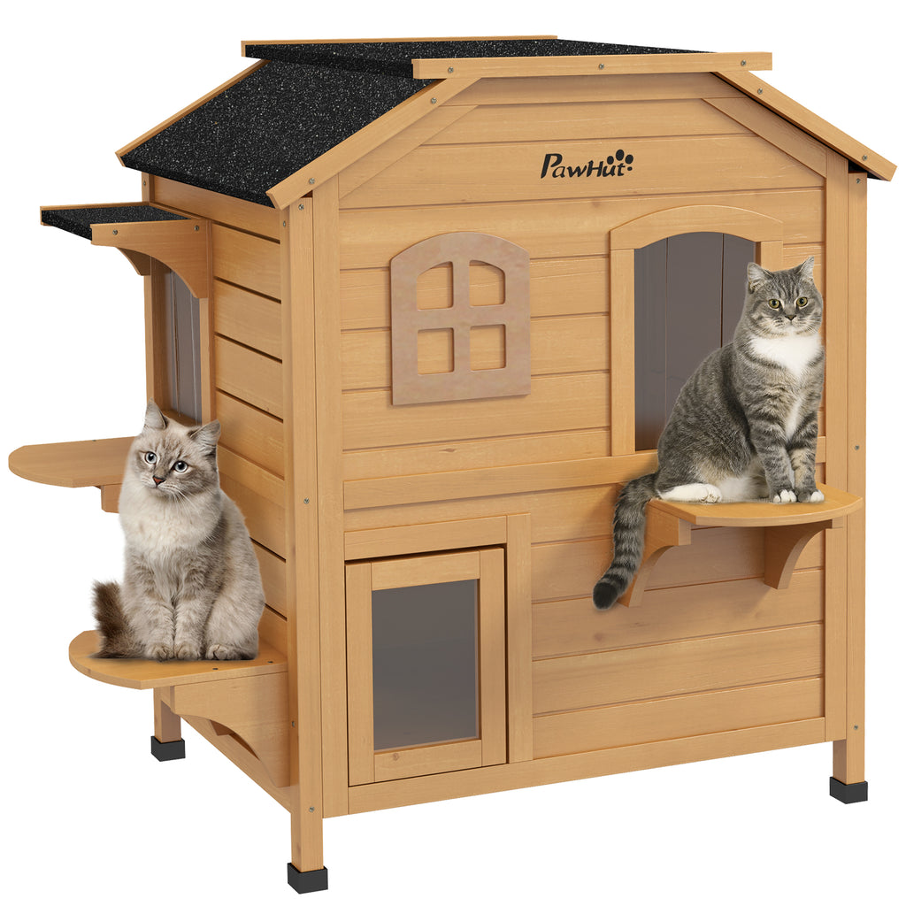 ?2-story Cat House Outdoor, Weatherproof?Wooden Cat Enclosure for Feral Cats with Escape Door, Openable Roof, Jumping Platforms, Natural