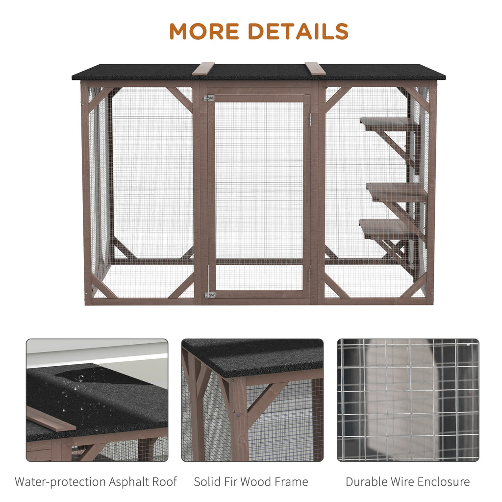 Outdoor Cat House, Catio Wooden Feral Cat Shelter, Cat Cage with Platforms, Large Enter Door, Weather Protection Asphalt Roof, 71" L, Brown