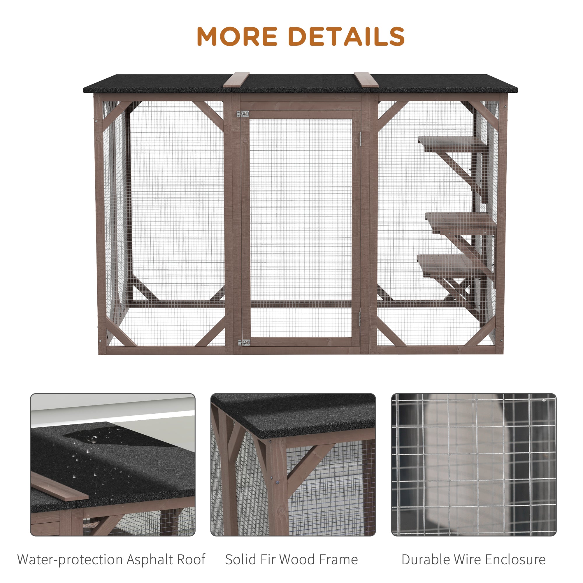 Outdoor Cat House, Catio Wooden Feral Cat Shelter, Cat Cage with Platforms, Large Enter Door, Weather Protection Asphalt Roof, 71" L, Brown