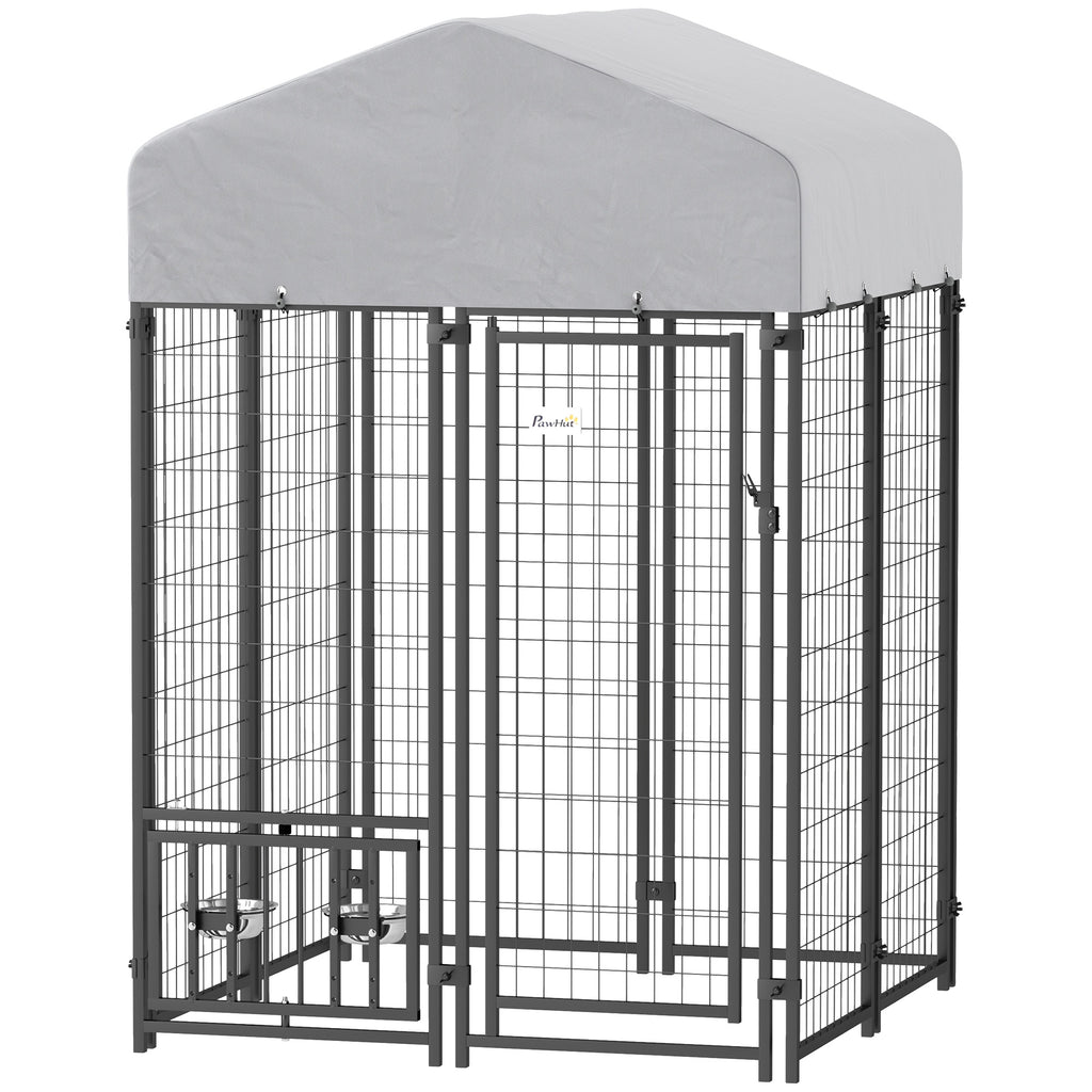 Welded Wire Outdoor Dog Kennel with 360¡ã Rotating & 4 Levels Adjustable Bowls, Waterproof Cover, 3.9' x 3.9' x 6'