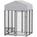 Welded Wire Outdoor Dog Kennel with 360¡ã Rotating & 4 Levels Adjustable Bowls, Waterproof Cover, 3.9' x 3.9' x 6'