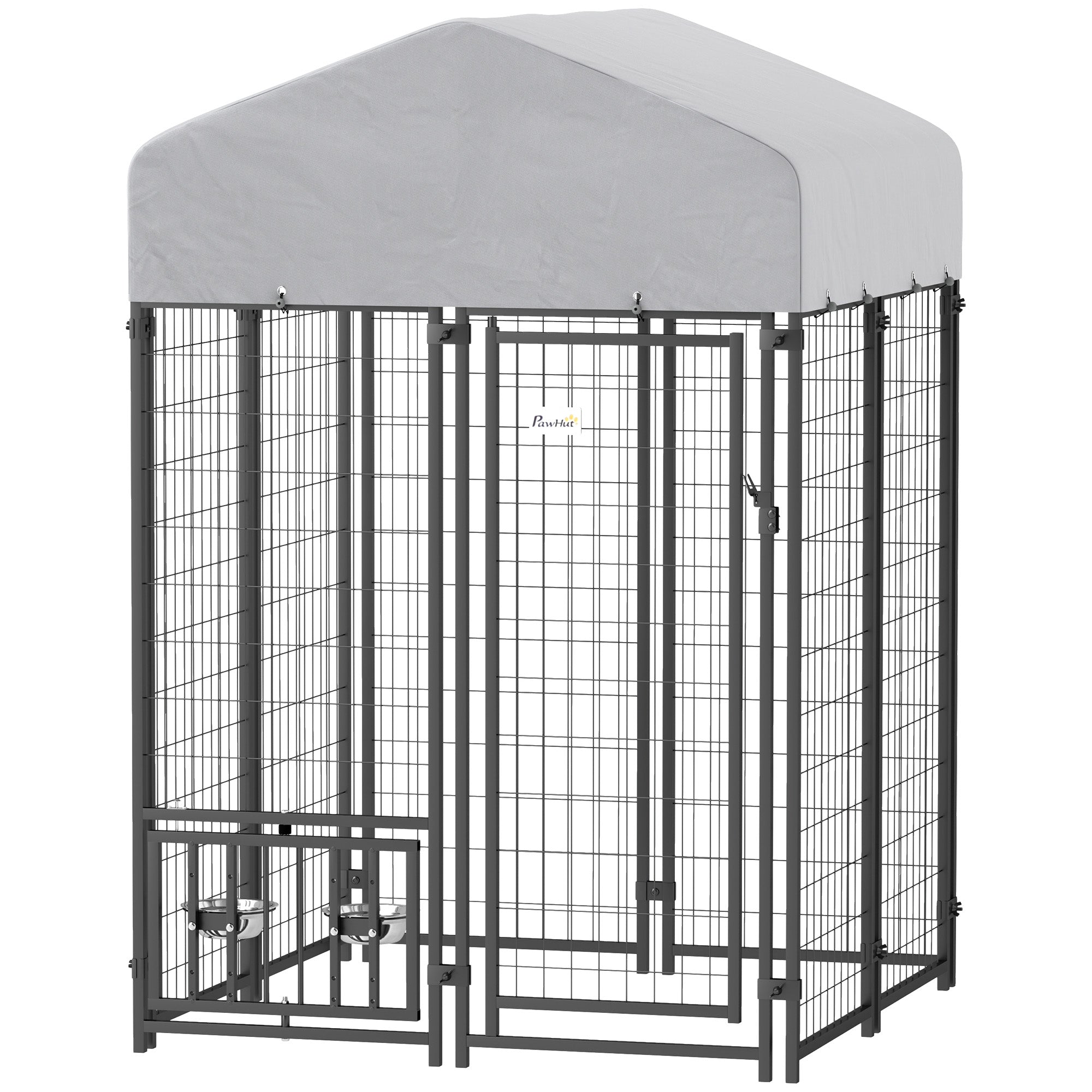 Welded Wire Outdoor Dog Kennel with 360¡ã Rotating & 4 Levels Adjustable Bowls, Waterproof Cover, 3.9' x 3.9' x 6'