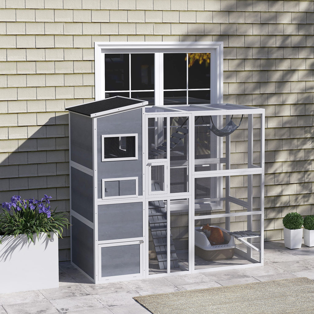 Large Wooden Catio Outdoor, Cat Enclosure w/ 4 Tier Resting Rooms, 3 Platforms, 1 Soft Ladder, 2 Ramps, 1 Hammock, Gray