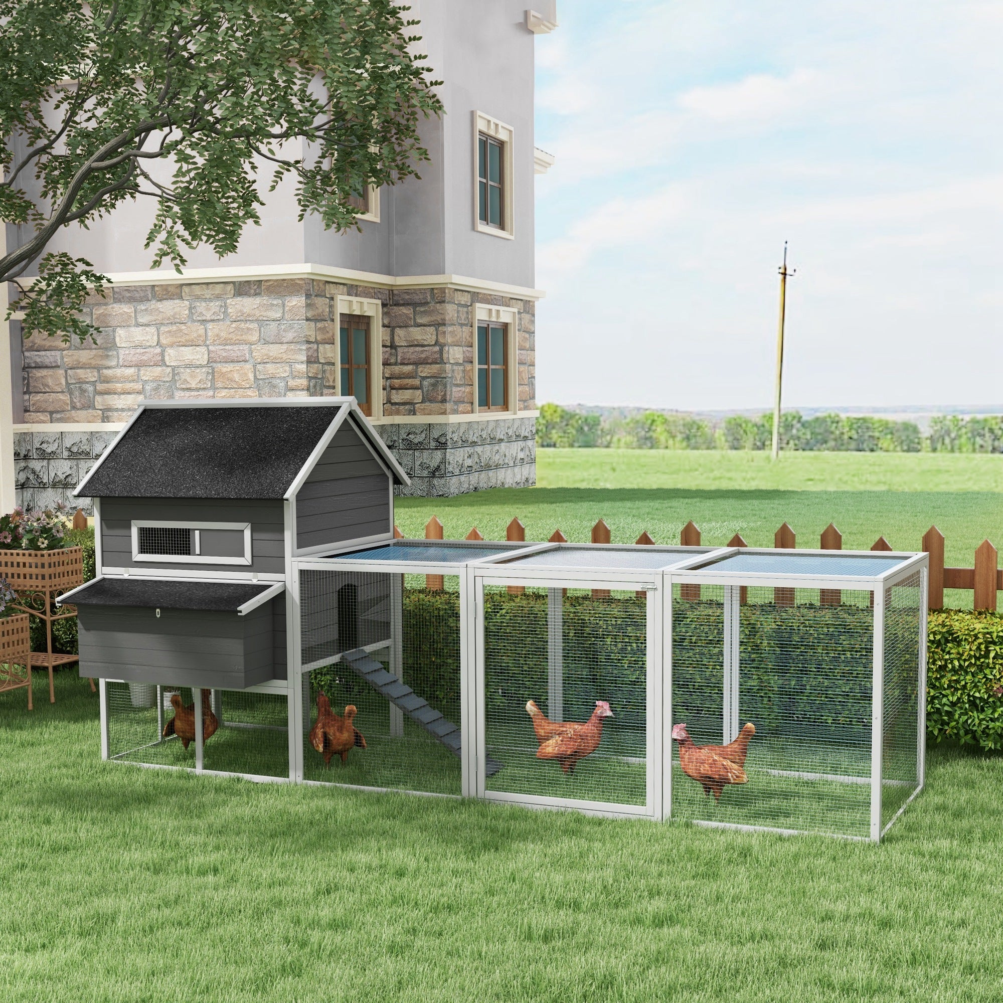 137" Wooden Chicken Coop for 8-10 Chickens, Backyard, Gray