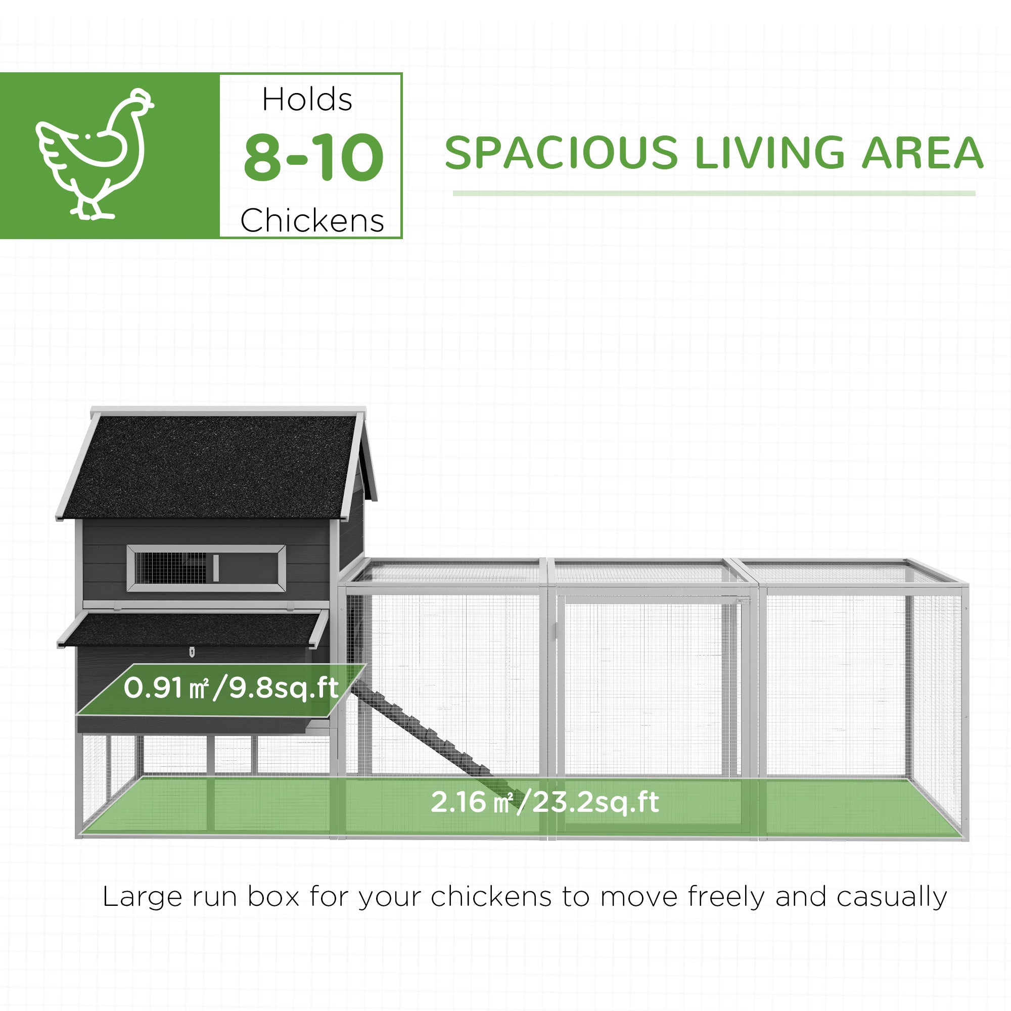 137" Wooden Chicken Coop for 8-10 Chickens, Backyard, Gray
